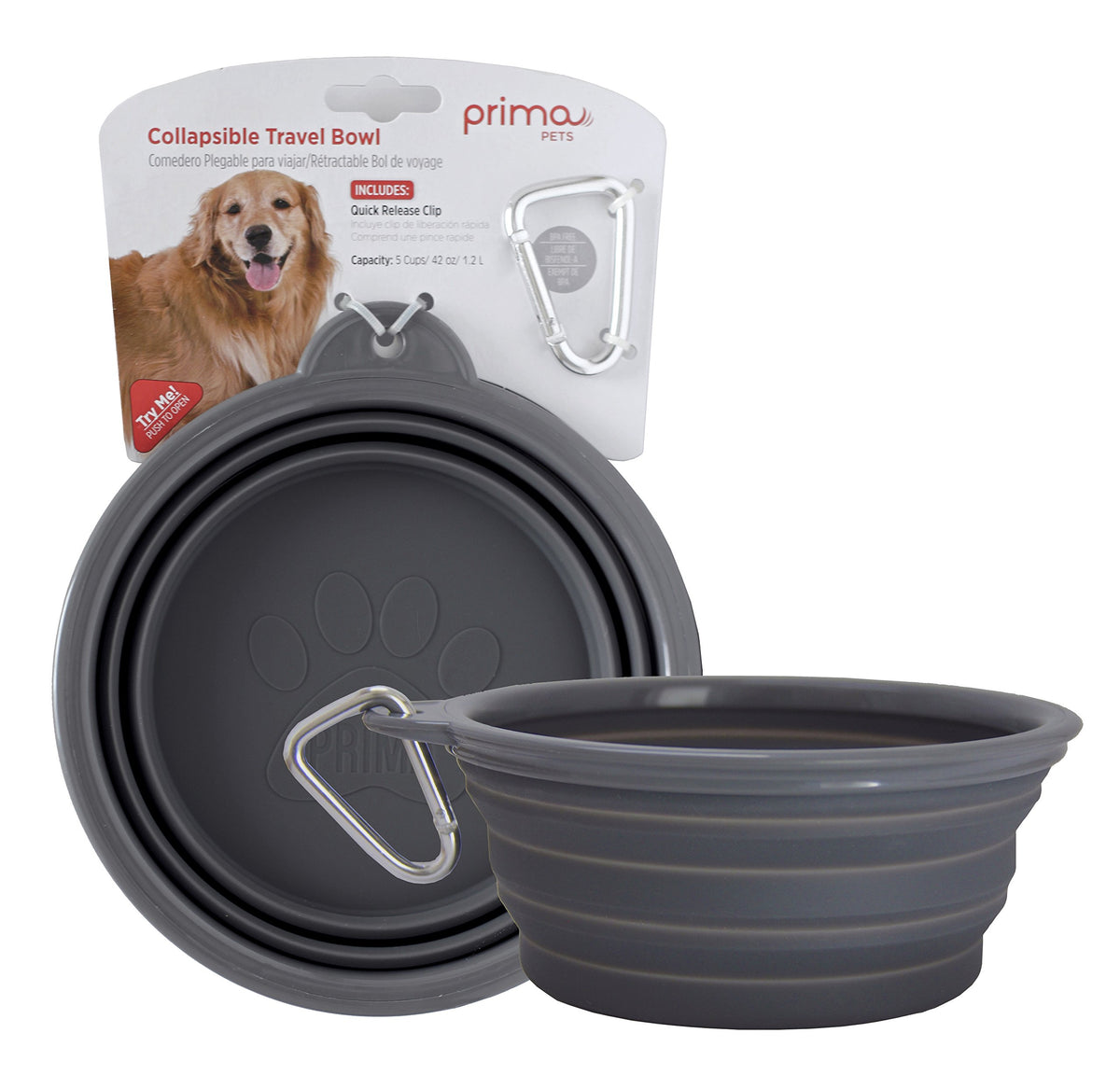 Prima Pets Sale Collapsible Silicone Water Travel Bowl with Clip for Dog and Cat Portable and Durable Pop-up Feeder for Convenient On-The-go Feeding Size: Large (5 Cups) Grey