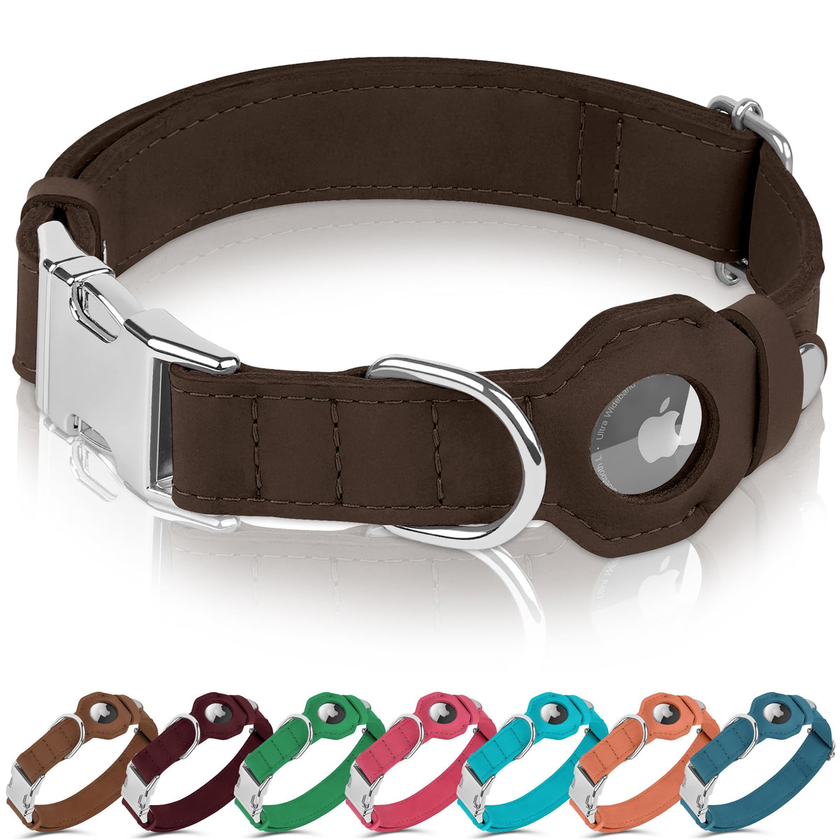 BUDKAS Leather Dog Collar with Airtag Holder - Soft Adjustable Airtag Dog Collar with Metal Buckle - GPS Tracking Pet Collar for Small Large Dogs Puppies Cats (Brown XS 9"-12" Neck Fit)