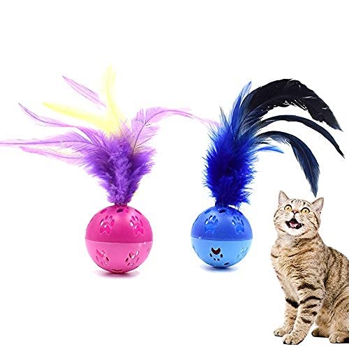 BeeSpring Cat Balls Interactive Cat Toy Cat Feather Balls with Loud Bell Inside (2Pcs - Red Blue)