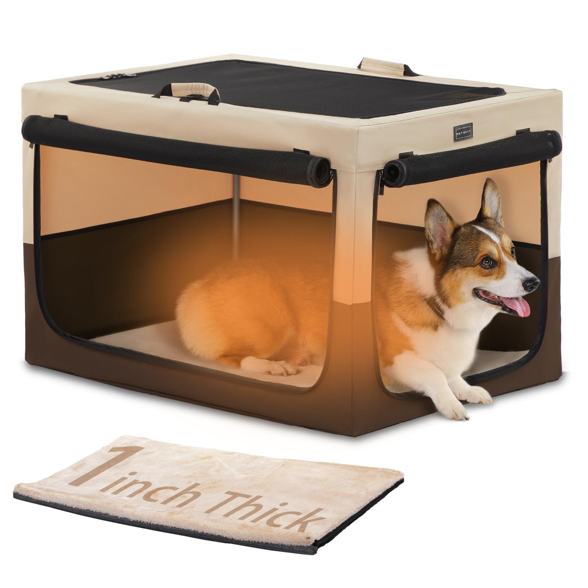 PETSFIT Collapsible Dog Crate Portable Dog Crate - 30 Inch Easy Set-up Light Sturdy Comfy Inside with Thicken Mat Soft Sided Crate for Home and Travel Brown