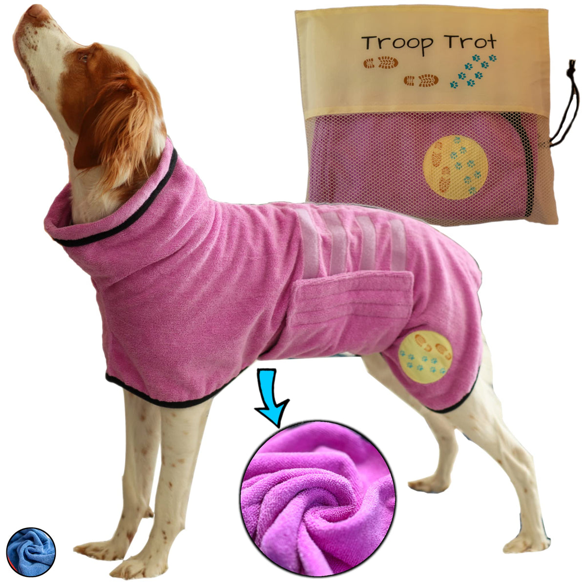 Troop Trot - Dog Bathrobe - Dog Towels for Drying Dogs - Super Absorbent Pet Bathrobe - Premium Dog Robes for After Bath - Quick Drying Microfiber Dog Towel Wrap (XS Pooch Pink)