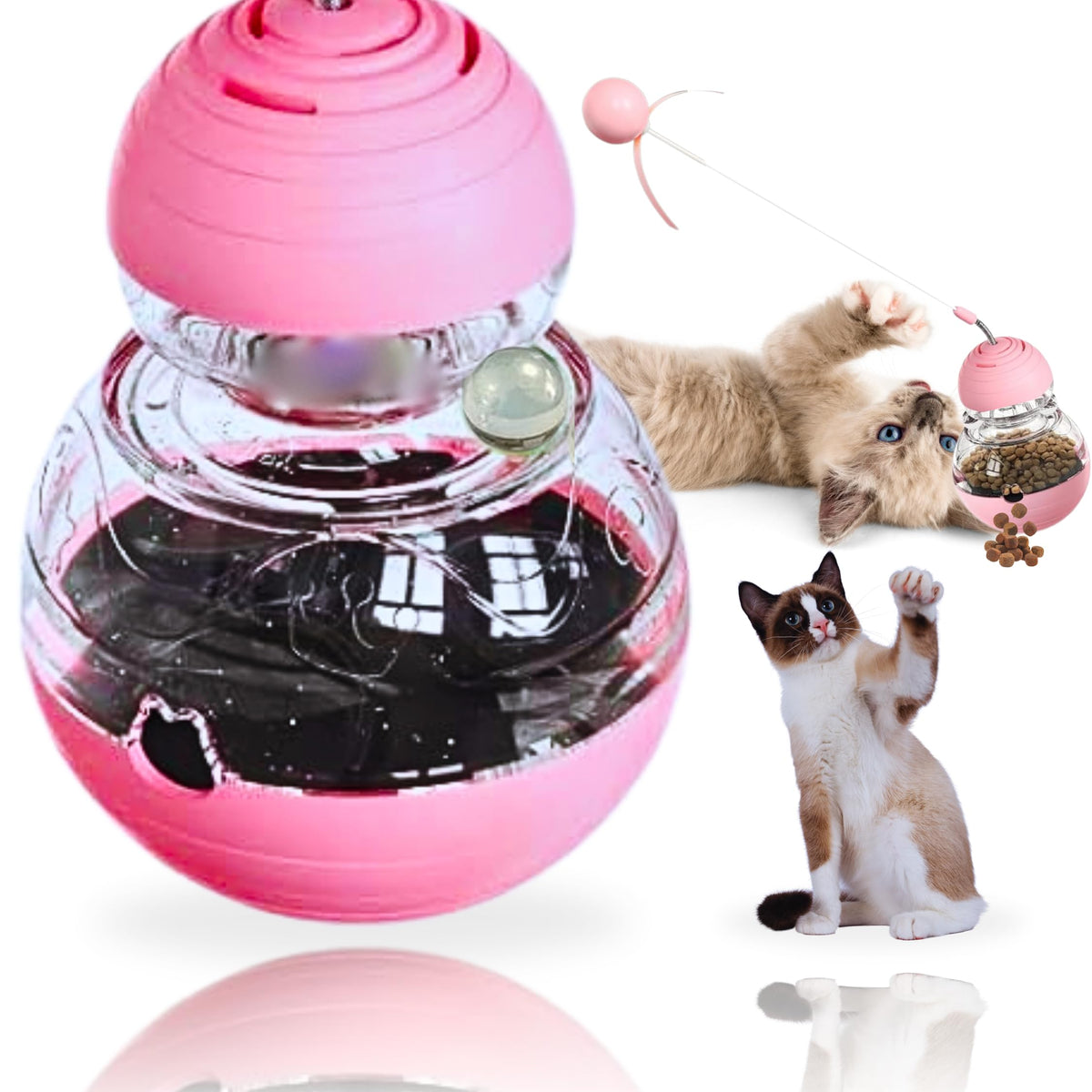 BEGA PET Cat Treat Toy for Indoor Cats - 16.3  Cat Interactive & Wand Toy for Bored Adult & Kitten Puzzle Slow Feeder Training Bowl Food Dispenser Track Balls - Christmas & Birthday Gifts (Pink)