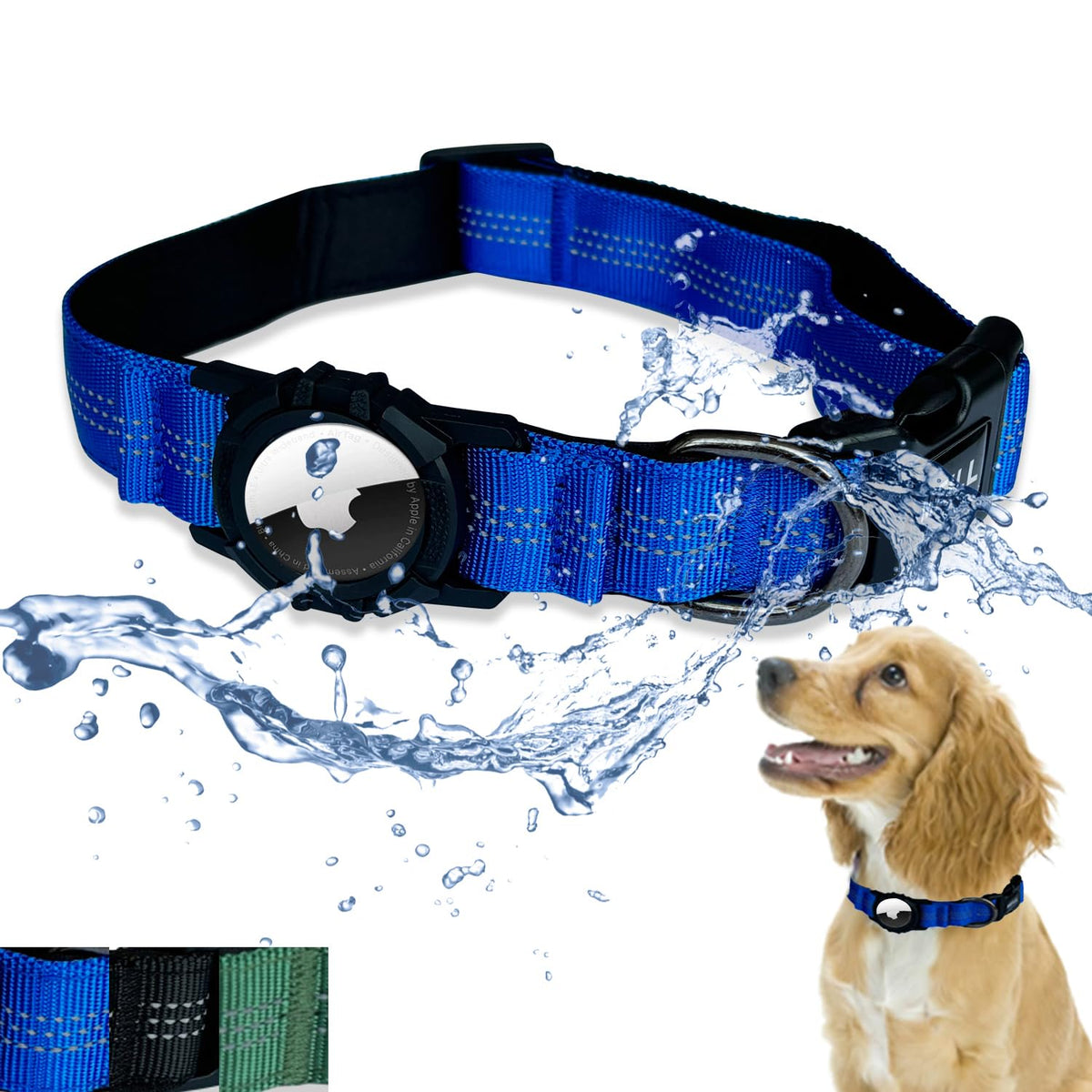 Tactics Dog Collar with Airtag Holder Heavy Duty Airtag Dog Collar Waterproof Adjustable Dog Collar for Hiking Camping Double Locking with Metal Carabiner (Blue M)
