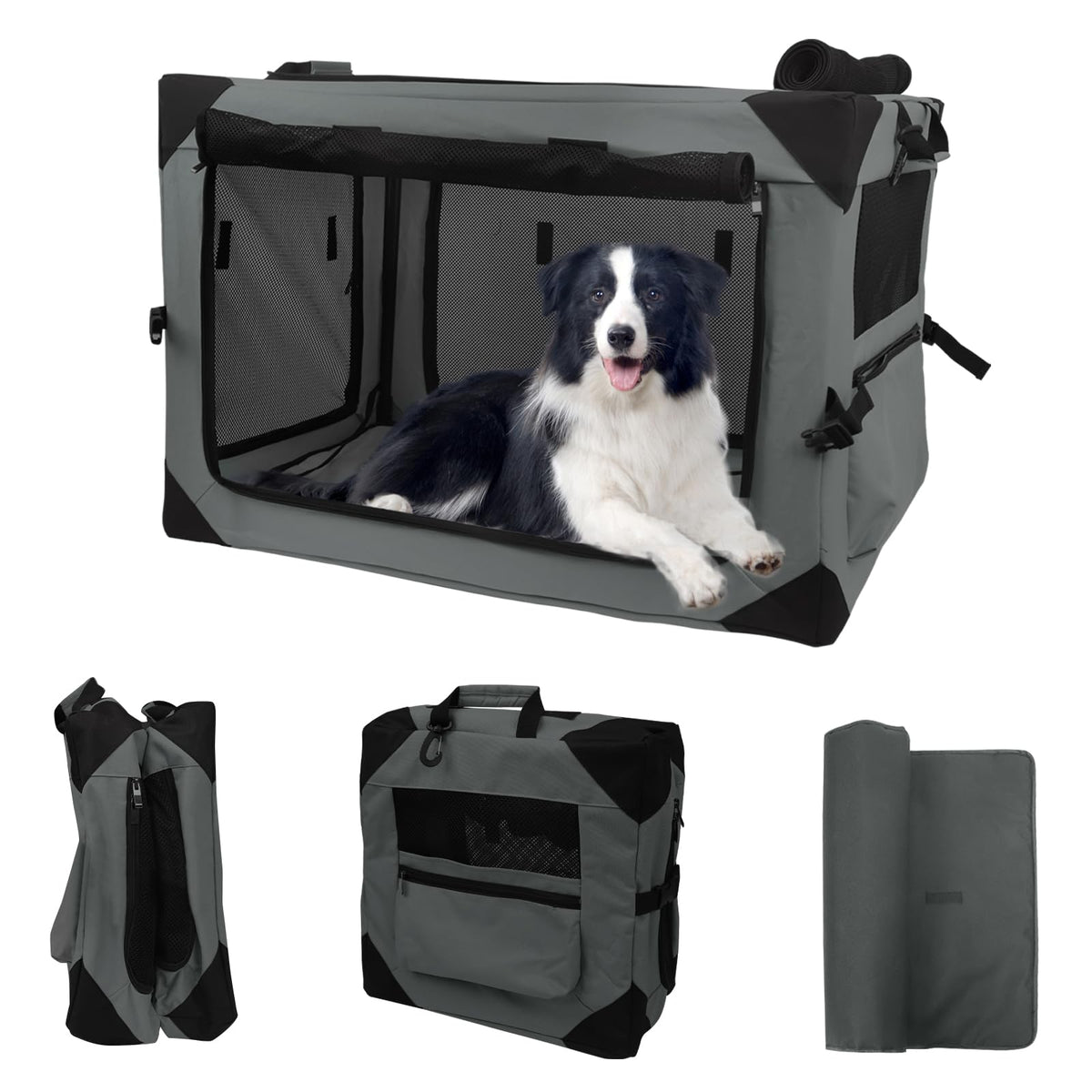 Wdmiya Dog Crates for Medium & Large Dogs Portable Travel Dog Crate with Chew Proof Mesh Soft Collapsible Dog Crate with Absorbent Dog Pad Car Dog Kennel Indoor & Outdoor 4-Door (Grey Large)